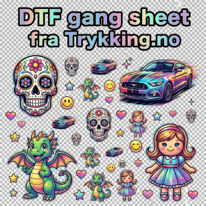 Fargerik DTF-trykkark med drage, søte figurer og skaller for tilpassede klær.