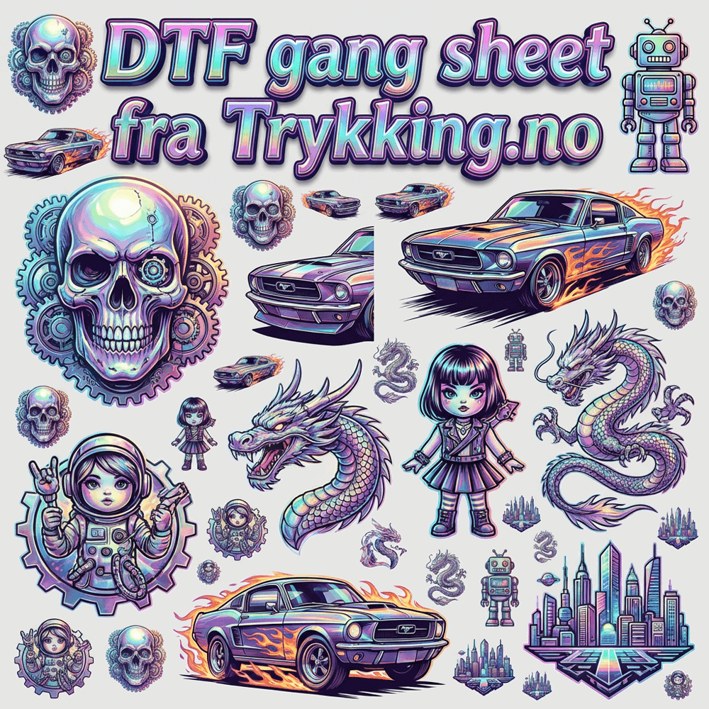 DTF-gang klistremerker med drager, biler og robotmotiver.
