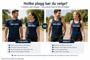 To personer i løpetøy med logo, sammenligner t-skjorte og singlet for firmaløp.